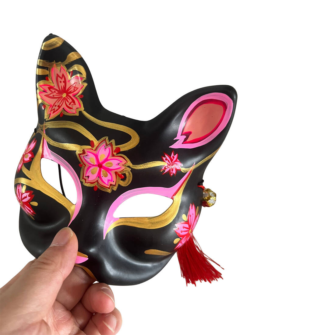 Hand - painted Kitsune Mask, Japanese Fox Design with Cherry Blossoms & Tassel, Ideal for Cosplay, Festivals & Decor